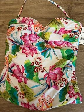 La Blanca Tankini Floral White Tankini Swimsuit Top with Pink & Green Blooms